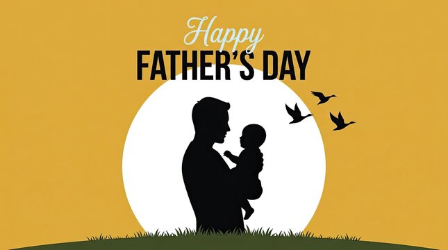 Happy father's day silhouette of dad holding baby celebration graphic