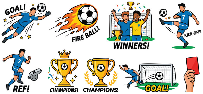 Soccer Match Cartoon Sticker Collection Vector Set