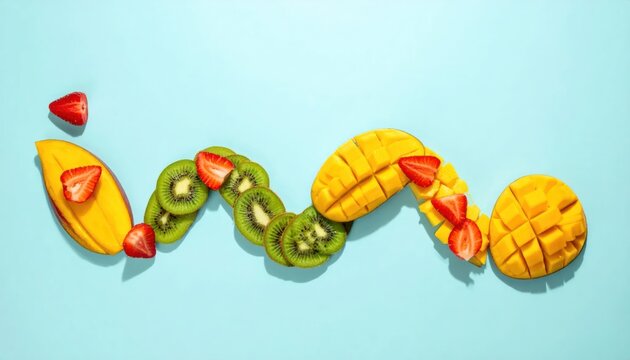 Colorful Sliced Tropical Fruit Arranged in Wavy Pattern on Blue Background