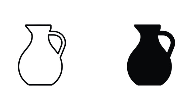 Minimalist outline and solid silhouette pitcher icons showing water jug design for kitchenware vector graphics
