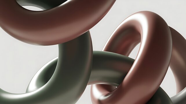 Interlocking torus shapes with smooth, matte finish in muted red and green tones