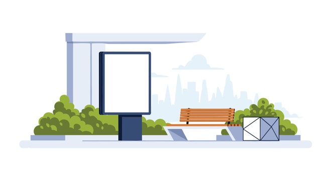 A vertical blank advertising lightbox stands at a public bus stop with a wooden bench and metal trash container situated against a city skyline silhouette.