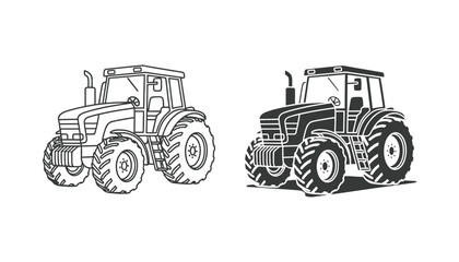 Farm tractor silhouette icon set in outline and solid black style for agriculture and farming themes © Quantum