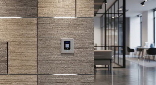 Modern control panel integrated into a textured composite material wall with subtle lighting in an office environment