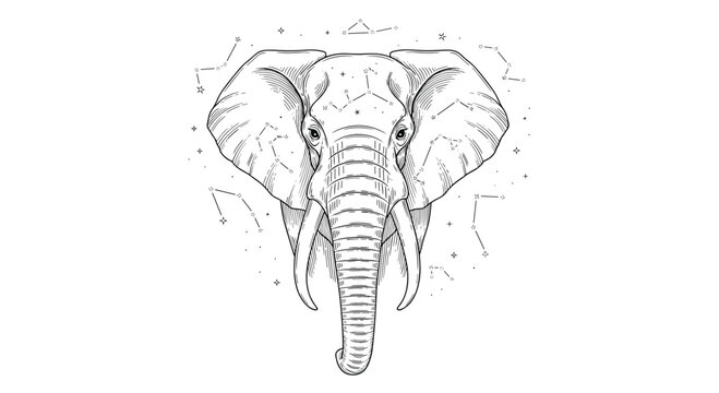 An artistic line drawing of an elephant head integrated with geometric constellation maps and thin celestial lines presented on a white background in a minimalist aesthetic.