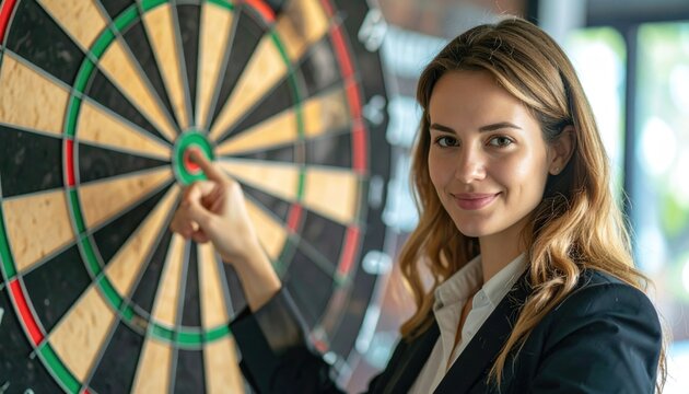 Confident Young Businesswoman Pointing at Bullseye on Dartboard in Modern Office