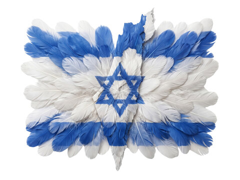 Israel flag from feathers on transparent background, closeup, conceptual idea.