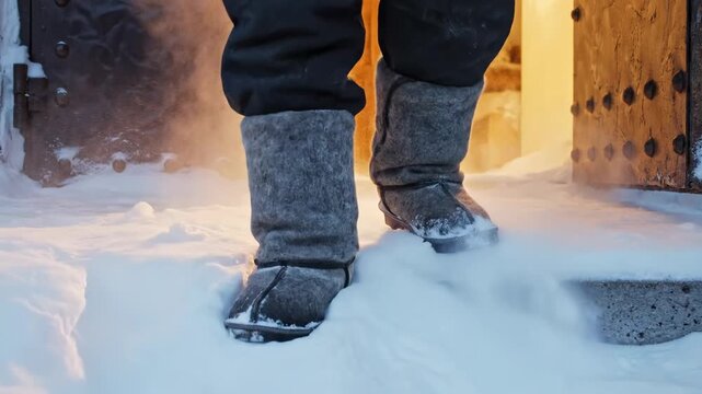 Person wearing traditional felt boots stepping out from a warm rustic doorway into deep snow for winter heritage concept and rural life storytelling