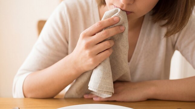 Young woman wiping mouth with cloth napkin after meal indoors  