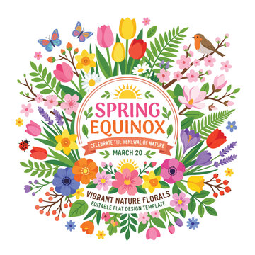 spring equinox floral wreath celebration vector design