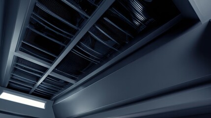 Fototapeta premium Viewing a sleek, dark, and abstract architectural interior featuring a complex ceiling structure with recessed vents and a horizontal light strip, creating a contemporary science fiction aesthetic