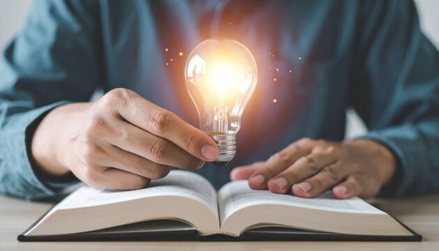 Creative Person Holding Glowing Light Bulb Over Open Book on Desk