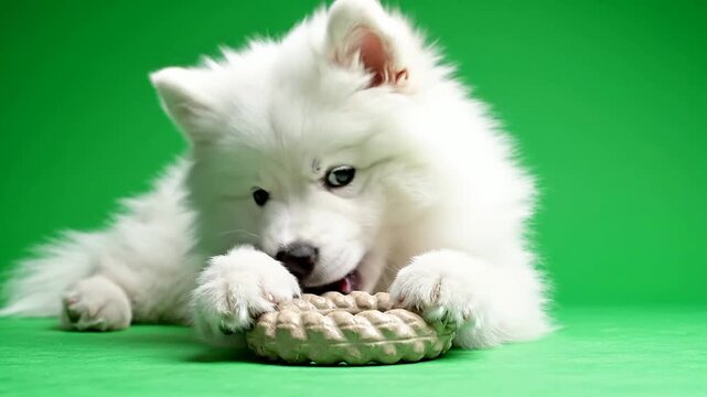 Playful Samoyed Puppy Enjoying Chew Toy on Vibrant Green Background
