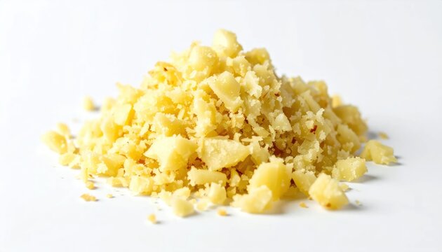 Crumbled Yellow Cheese Pile Arranged on White Studio Surface