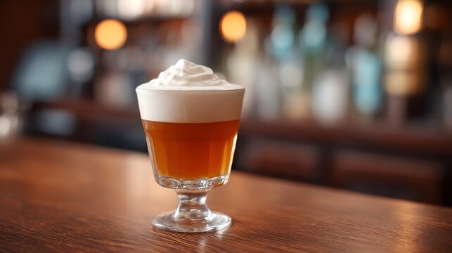 A beautifully crafted amber cocktail topped with white foam presented on a polished wooden bar counter in a warm lounge setting