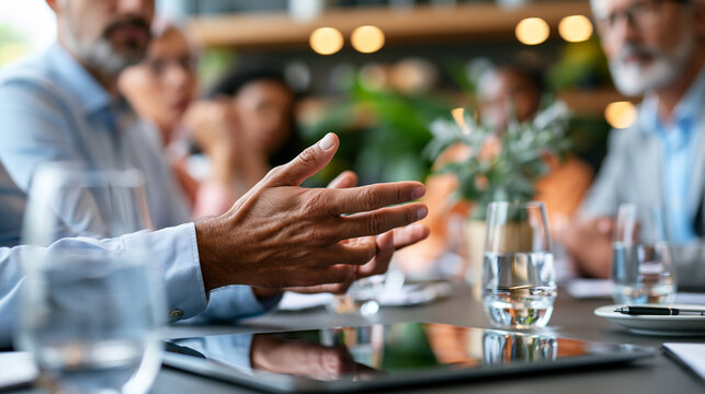 Hands of corporate presenter with TV screen during HR leadership workshop for collaboration businessman in office with meeting for agile management practices discussion