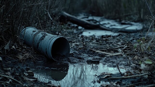 Industrial drainage pipe discharging dark sludge into a muddy forest stream, creating significant environmental damage and water contamination in the natural habitat during twilight