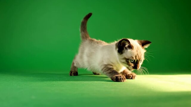 Playful Young Kitten Approaching a Small Bright Light on a Vibrant Green Background