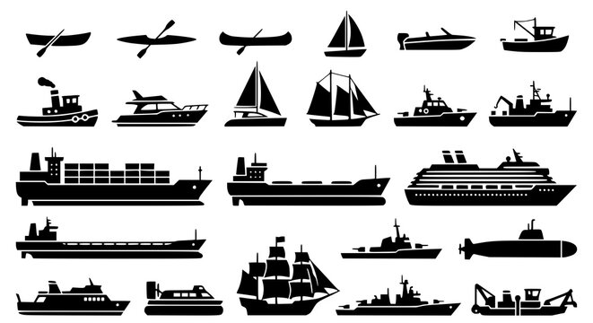 Minimal ship silhouette vector set with simple boat shapes in clean editable EPS format