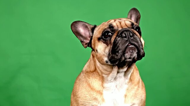 Portrait of a French Bulldog with Expressive Eyes Against a Green Background