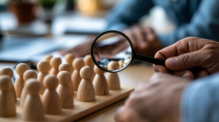 Fototapeta premium Hands magnifying group of wooden figurines representing employee recruitment and selection process talent search with HR management magnification concept and candidate