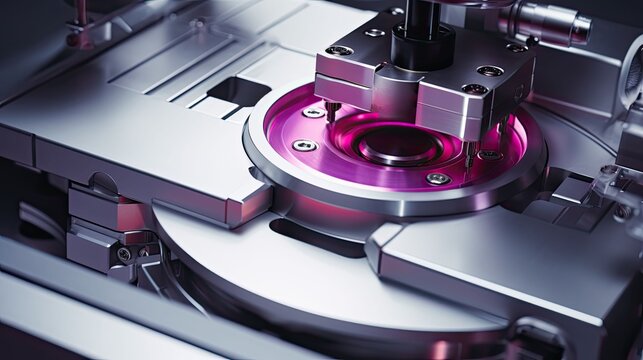 Advanced automated machinery fabricating silicon microchips with nanotechnology precision, close up of robotic assembly and intricate wafer circuitry in a high tech semiconductor lab