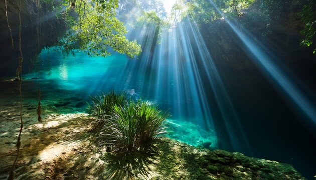 sunbeams penetrating at ik kil cenote inlet