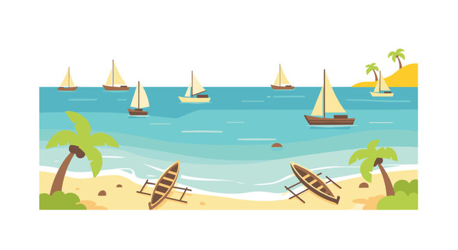 A tropical coastal scene features several sailboats on turquoise waters with two traditional outrigger canoes resting on a sandy beach under bright, flat-style sunlight.
