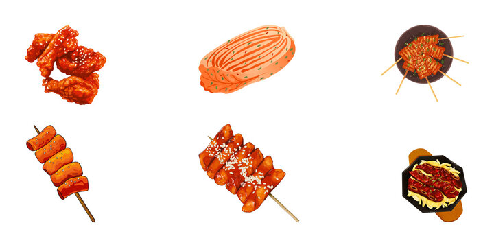 Vibrant Korean Food Illustrations Collection with Kimchi, Fried Chicken, and Spicy Rice Cakes