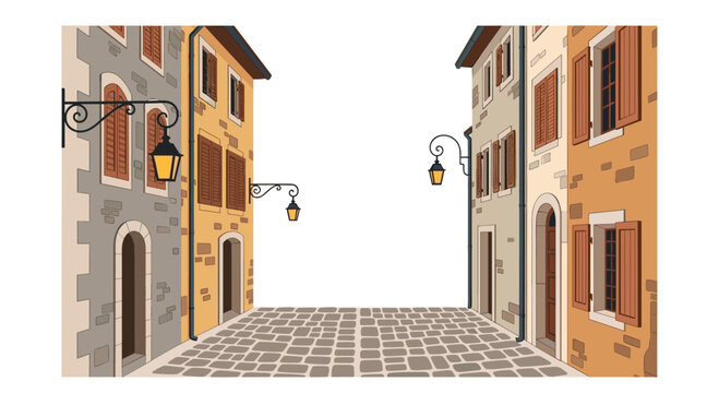 A narrow cobblestone alleyway perspective is flanked by rustic stone buildings with vintage wall lanterns and wooden shutters under a bright clear white sky.