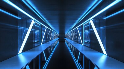Fototapeta premium Futuristic empty long corridor with glowing blue neon lights and reflective surfaces, creating a sterile and technological atmosphere for modern design