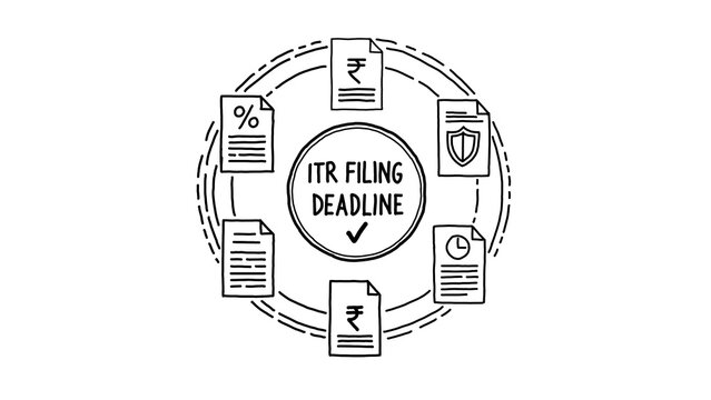 Hand Drawn ITR filing deadline circle with rupee document, percentage document, shield document, clock document, and lined document icons.