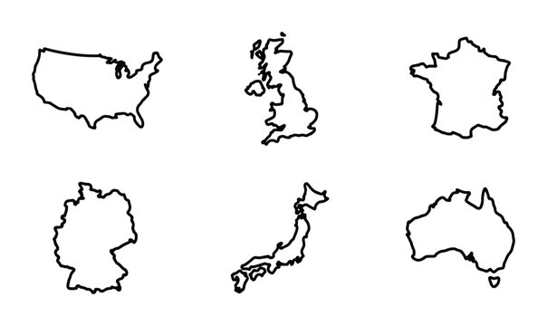 World Map Outlines: USA, UK, France, Germany, Japan, Australia Vector Icons for Global Business and Travel Concepts