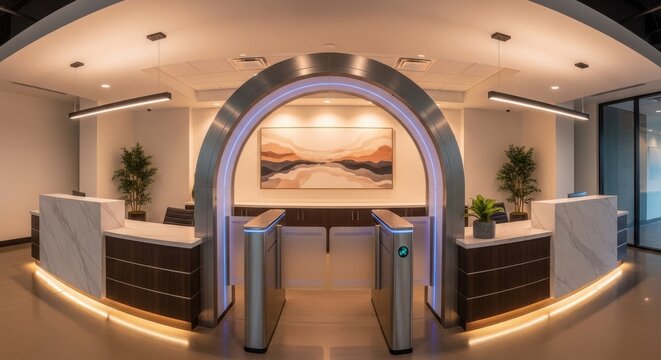 Modern security scanner archway with integrated access control gates in a corporate lobby