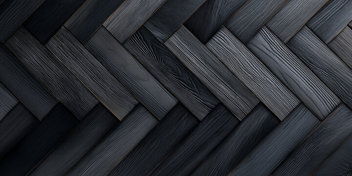 Dark black parquet laminate floor with herringbone pattern and rustic oak wood texture