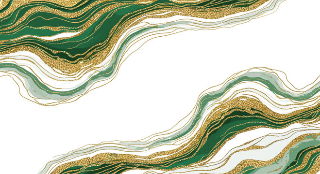 A series of elegant flowing green watercolor waves with intricate shimmering gold line accents spreads across a minimalist white background for modern interior wall decor.