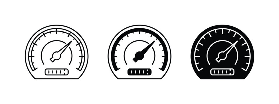 Speedometer Icons Set, Gauge Vector Graphics, Performance Meter Symbols, Speed Indicator Collection, Black and White Dashboard Elements
