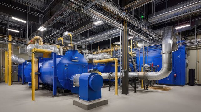 Large blue industrial boilers driving a central heating system, a complex network of pipes and ventilation ducts distributing energy throughout a modern power facility