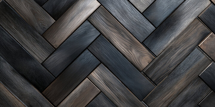 Dark black parquet laminate floor with herringbone pattern and rustic oak wood texture