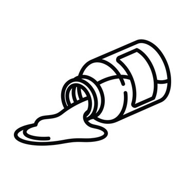 Spilled bottle silhouette icon showing liquid leaking from a tipped container for laboratory or medical concepts