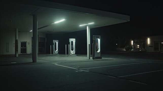 Electric vehicle charging station, with multiple charging points under a canopy, bathed in a futuristic green glow on an empty car park at night, emphasizing sustainable energy and modern technology