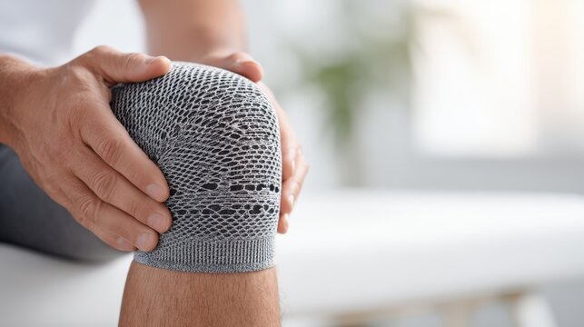 Physiotherapist hands presenting knee brace toward camera in clinic studio, product sharp foreground