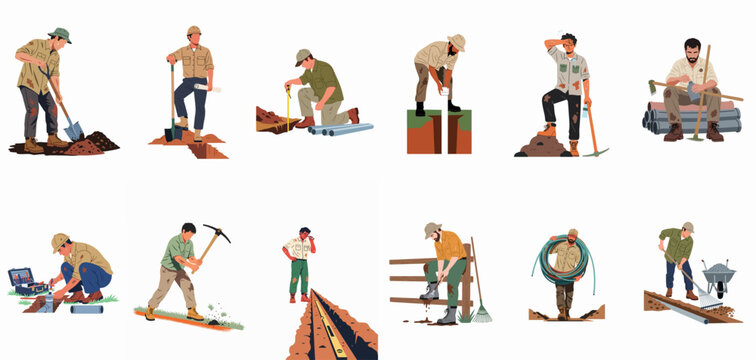 Set of construction and utility workers performing various manual labor tasks like digging, pipe laying, and maintenance, flat vector illustration isolated on white.