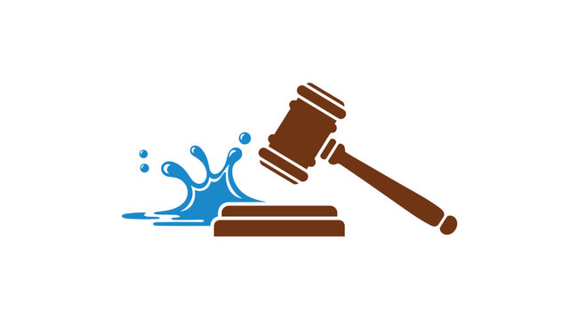 A flat brown wooden courtroom gavel icon strikes a simple stylized blue liquid water splash in a minimalist vector graphic design on a plain background.