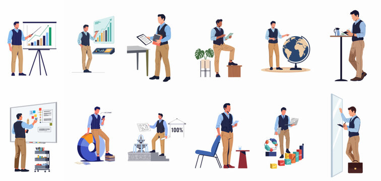 Flat vector set of a businessman in various professional situations including presenting data, analyzing charts, and using digital technology for business growth.