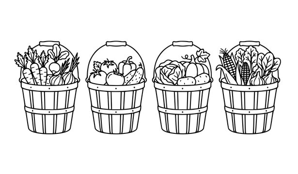 Minimal vegetable basket icon set with black and white farm produce line art vector