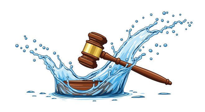 A wooden courtroom gavel strikes a surface while creating a dramatic and high-energy splash of blue liquid captured in a clean minimalist studio art style.