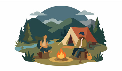 Mountain camping scene with campfire tent and two people flat vector illustration travel concept © MdShojib