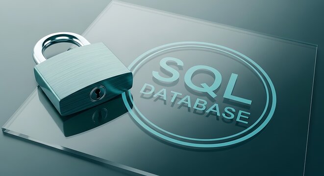 SQL Database security concept with metal padlock on digital glass interface, encrypted data protection and server safety for information technology