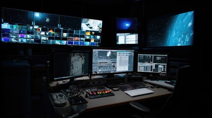 Fototapeta premium Modern control center with multiple computer monitors displaying space mission data, earth views from orbit, and complex technical interfaces in a dark, high tech environment
